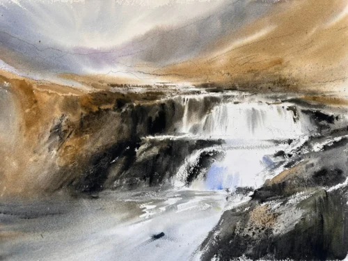 Original watercolor painting Waterfall L